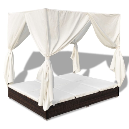 Outdoor Lounge Bed with Curtains Poly Rattan Brown - Image 2