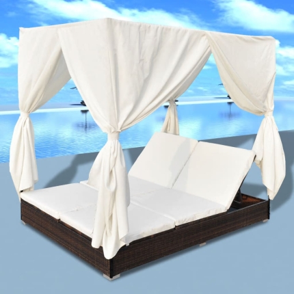 Outdoor Lounge Bed with Curtains Poly Rattan Brown - Image 3