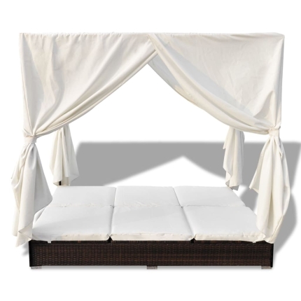 Outdoor Lounge Bed with Curtains Poly Rattan Brown - Image 4