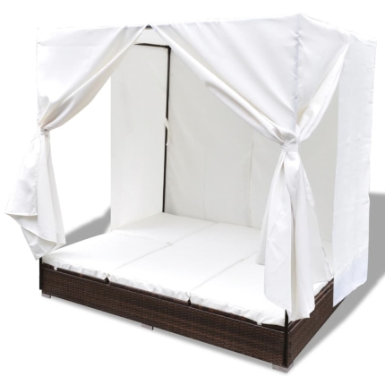 Outdoor Lounge Bed with Curtains Poly Rattan Brown - Image 5