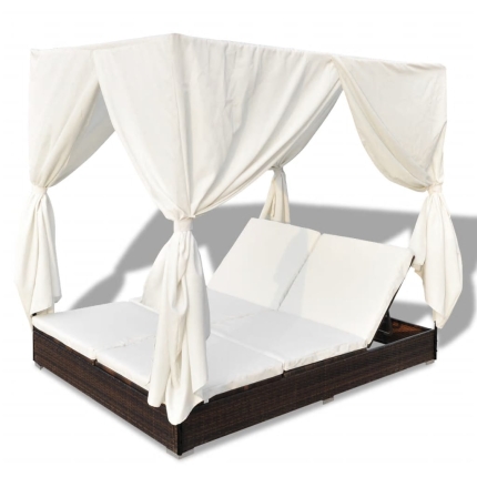 Outdoor Lounge Bed with Curtains Poly Rattan Brown - Image 6
