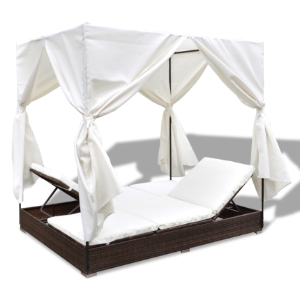Outdoor Lounge Bed with Curtains Poly Rattan Brown - Image 7