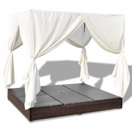 Outdoor Lounge Bed with Curtains Poly Rattan Brown - Image 8