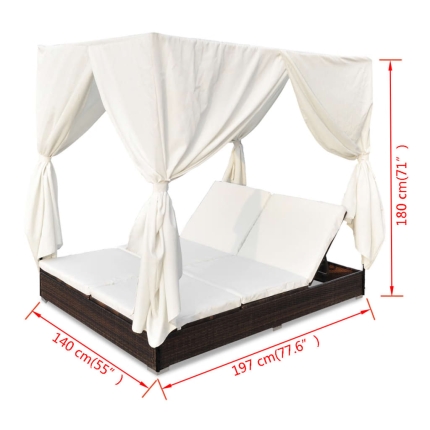 Outdoor Lounge Bed with Curtains Poly Rattan Brown - Image 11