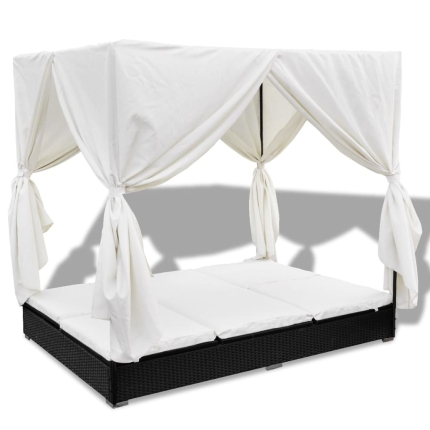 Outdoor Lounge Bed with Curtains Poly Rattan Black - Image 2