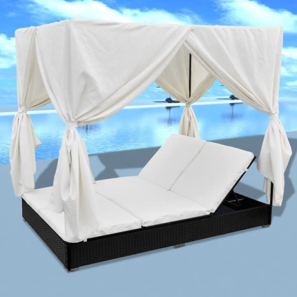 Outdoor Lounge Bed with Curtains Poly Rattan Black - Image 3
