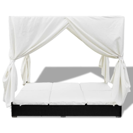 Outdoor Lounge Bed with Curtains Poly Rattan Black - Image 4