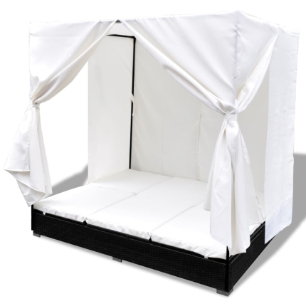 Outdoor Lounge Bed with Curtains Poly Rattan Black - Image 5