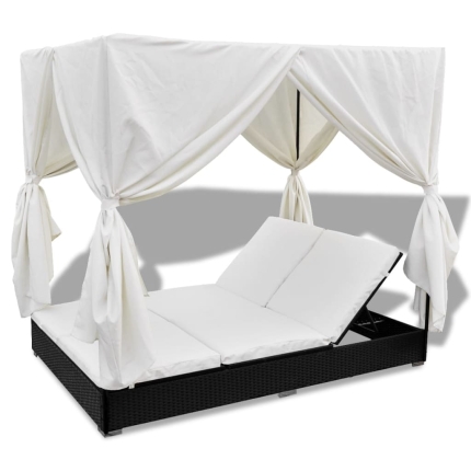 Outdoor Lounge Bed with Curtains Poly Rattan Black - Image 6
