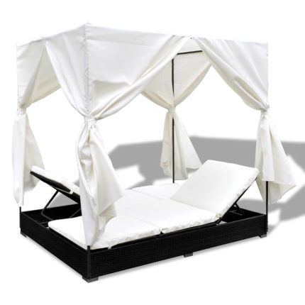 Outdoor Lounge Bed with Curtains Poly Rattan Black - Image 7