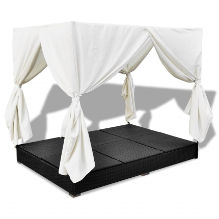 Outdoor Lounge Bed with Curtains Poly Rattan Black - Image 8