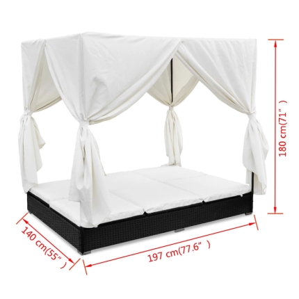 Outdoor Lounge Bed with Curtains Poly Rattan Black - Image 11
