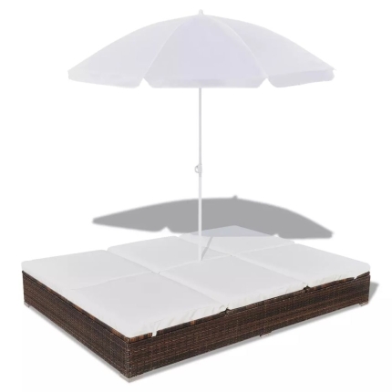 Outdoor Lounge Bed with Umbrella Poly Rattan Brown - Image 2