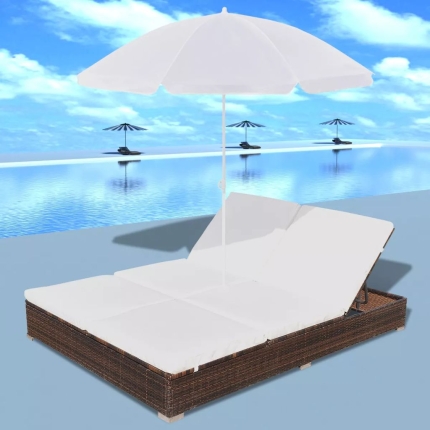 Outdoor Lounge Bed with Umbrella Poly Rattan Brown - Image 3