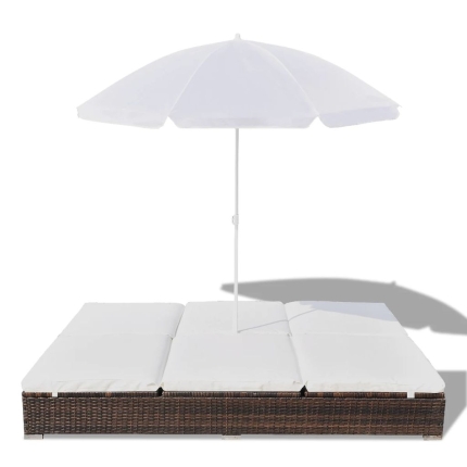 Outdoor Lounge Bed with Umbrella Poly Rattan Brown - Image 4