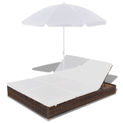Outdoor Lounge Bed with Umbrella Poly Rattan Brown - Image 5