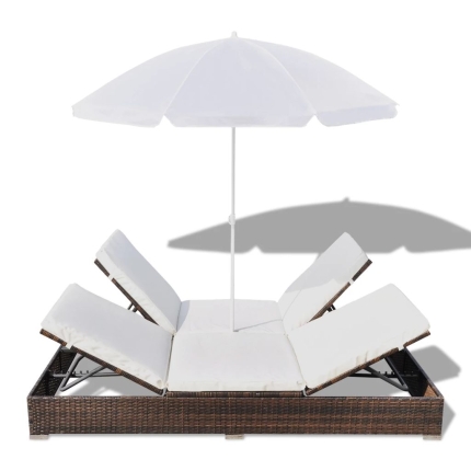 Outdoor Lounge Bed with Umbrella Poly Rattan Brown - Image 6