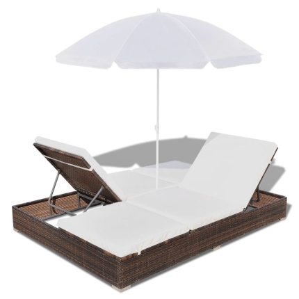 Outdoor Lounge Bed with Umbrella Poly Rattan Brown - Image 7