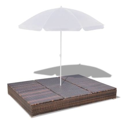 Outdoor Lounge Bed with Umbrella Poly Rattan Brown - Image 8