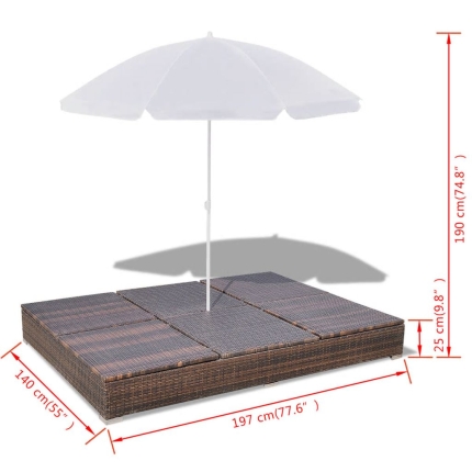 Outdoor Lounge Bed with Umbrella Poly Rattan Brown - Image 10