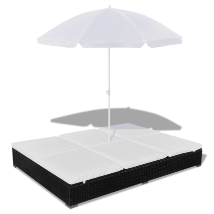 Outdoor Lounge Bed with Umbrella Poly Rattan Black - Image 2