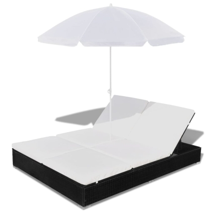Outdoor Lounge Bed with Umbrella Poly Rattan Black - Image 5
