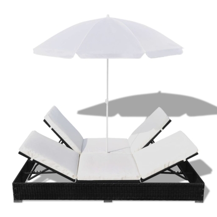 Outdoor Lounge Bed with Umbrella Poly Rattan Black - Image 6