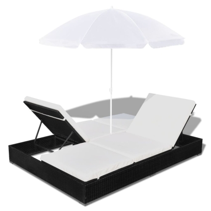 Outdoor Lounge Bed with Umbrella Poly Rattan Black - Image 7