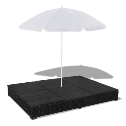 Outdoor Lounge Bed with Umbrella Poly Rattan Black - Image 8