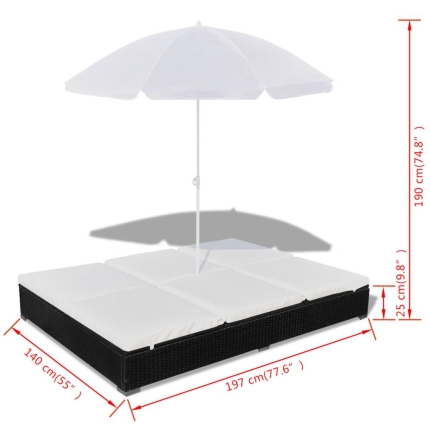 Outdoor Lounge Bed with Umbrella Poly Rattan Black - Image 10