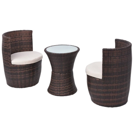 3 Piece Bistro Set with Cushions Poly Rattan Brown - Image 3