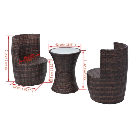 3 Piece Bistro Set with Cushions Poly Rattan Brown - Image 8