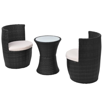 3 Piece Bistro Set with Cushions Poly Rattan Black - Image 3