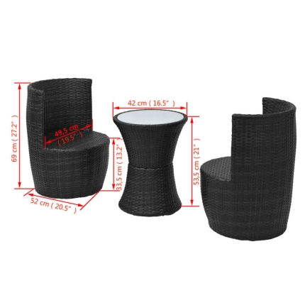 3 Piece Bistro Set with Cushions Poly Rattan Black - Image 8