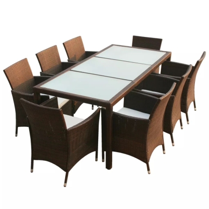 9 Piece Outdoor Dining Set with Cushions Poly Rattan Brown - Image 2