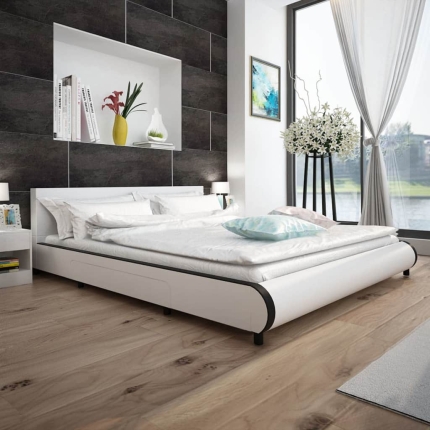 Bed Frame White Faux Leather King Size - Image 3