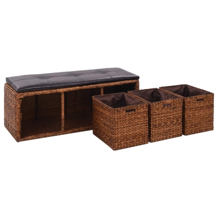 Bench with 3 Baskets Seagrass 105x40x42 cm Brown - Image 5