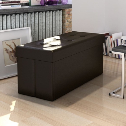 Brown Faux Leather Folding Storage Seat Bench Stool Ottomans - Image 2