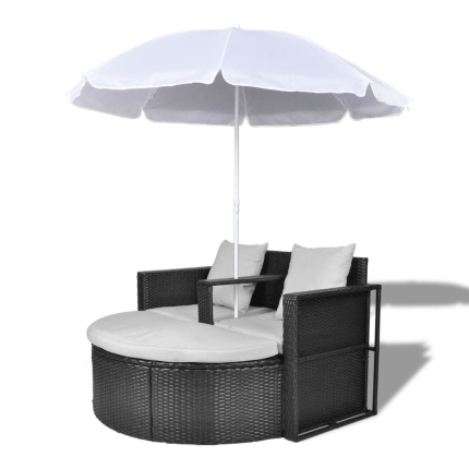 Garden Bed with Parasol Black Poly Rattan - Image 2