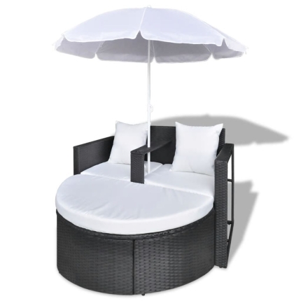 Garden Bed with Parasol Black Poly Rattan - Image 4