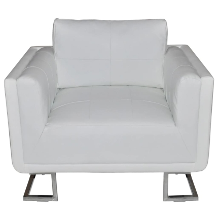 Cube Armchair with Chrome Feet White Faux Leather - Image 2