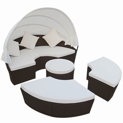 Outdoor Lounge Bed with Canopy Poly Rattan Brown - Image 2