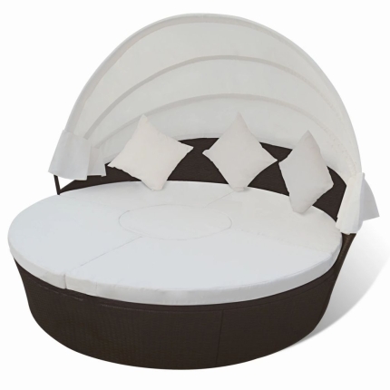 Outdoor Lounge Bed with Canopy Poly Rattan Brown - Image 3