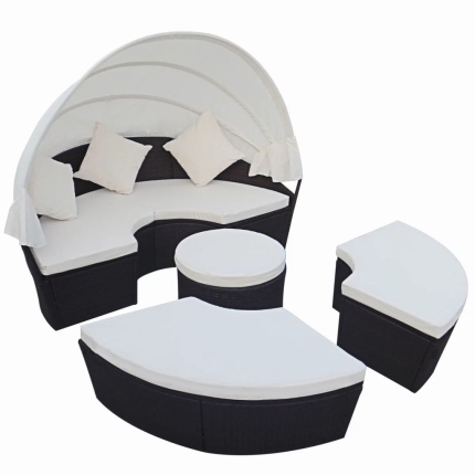 Outdoor Lounge Bed with Canopy Poly Rattan Black - Image 2