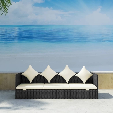 Outdoor Sofa with Cushion & Pillow Poly Rattan Black - Image 3