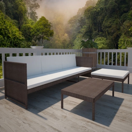 3 Piece Garden Lounge Set with Cushions Poly Rattan Brown - Image 3