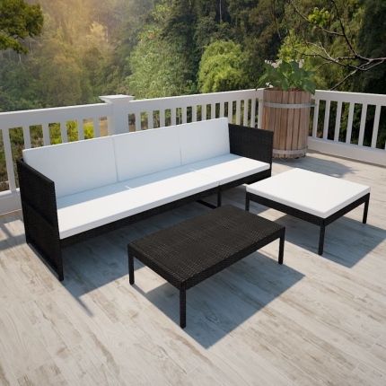 3 Piece Garden Lounge Set with Cushions Poly Rattan Black - Image 3