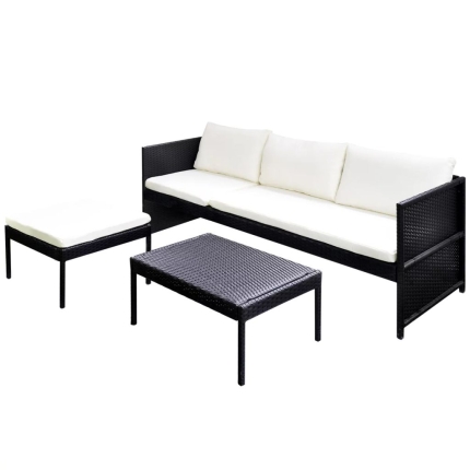 3 Piece Garden Lounge Set with Cushions Poly Rattan Black - Image 4