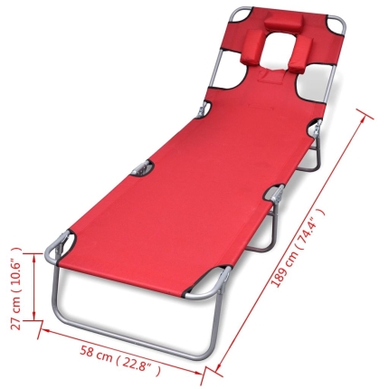 Folding Sun Lounger with Head Cushion Powder-coated Steel Red - Image 7