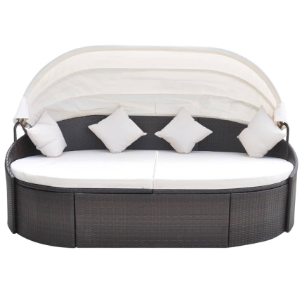 Outdoor Lounge Bed with Canopy Poly Rattan Brown - Image 2